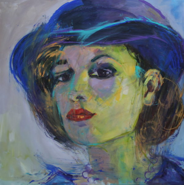 Vrouw met blauwe hoed 100x100